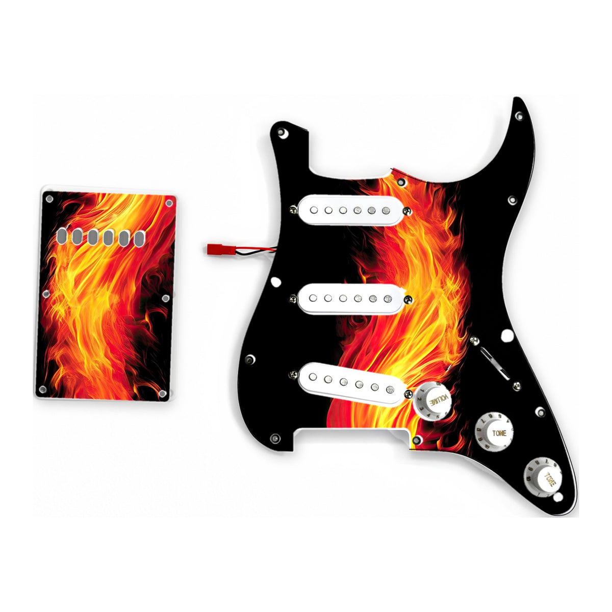 Pickguard type ST précâblé et capot de trémolo assorti, visuel de flammes, micros blancs