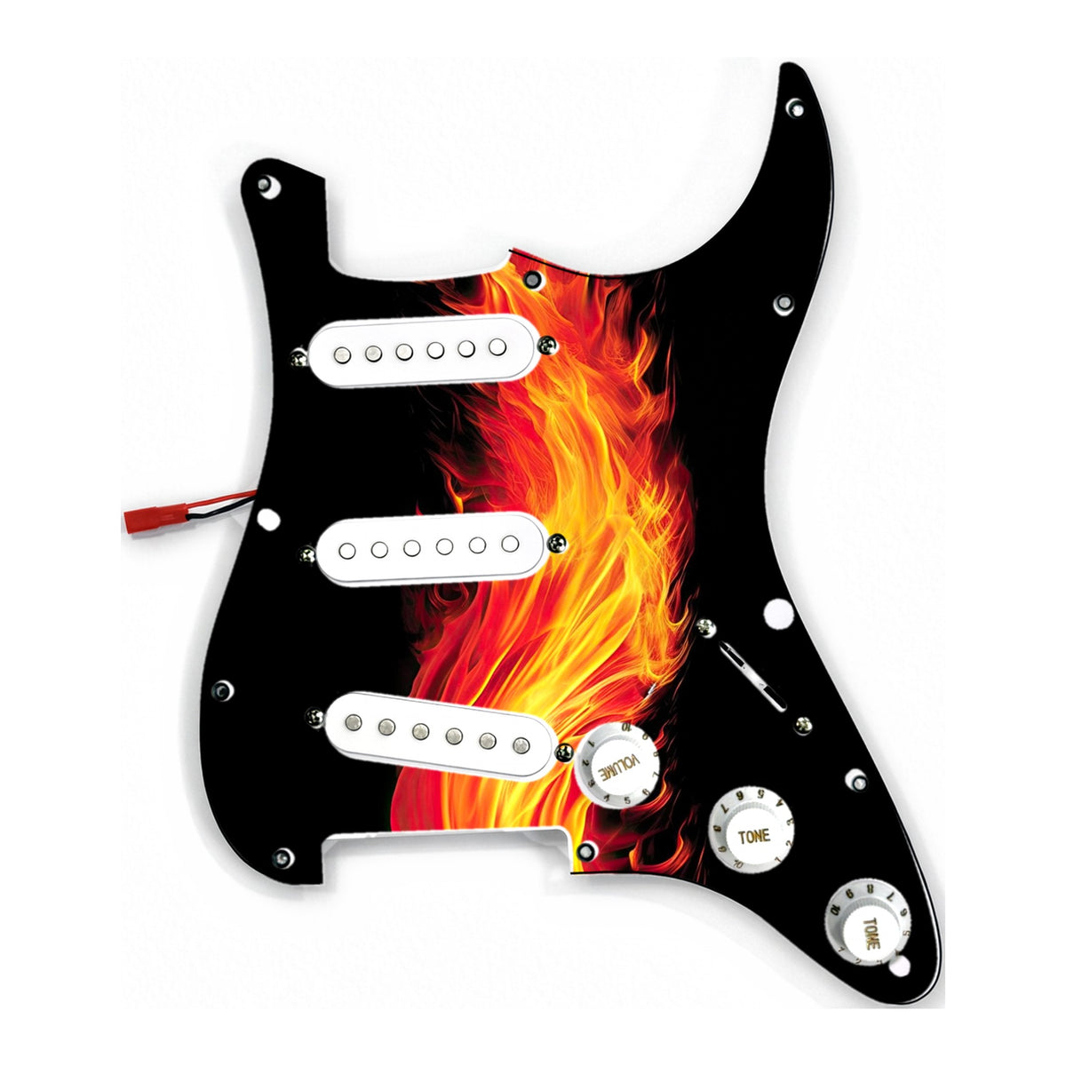 Pickguard type ST précâblé imprimé avec un visuel de flammes, micros et boutons blancs