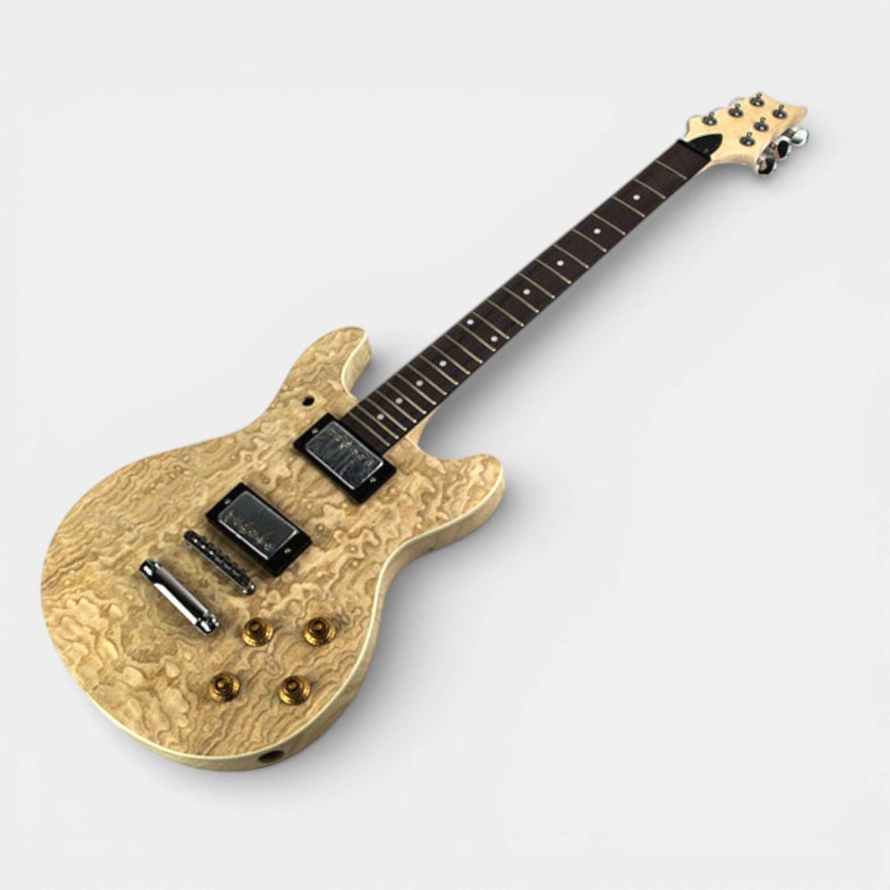 Three-quarter angle of fully assembled guitar with both pickups, bridge, and tuning machines installed
