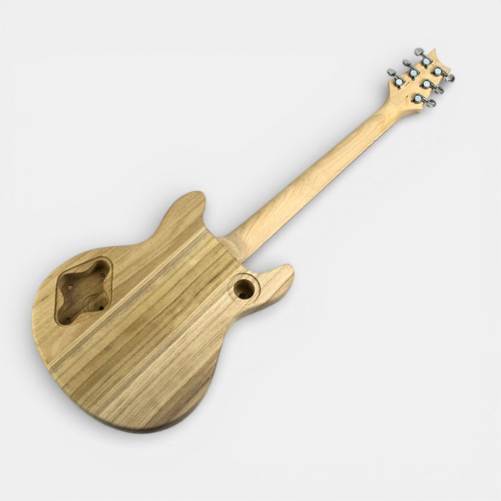 Rear and side profile of assembled ash burl veneer double cut guitar showing maple neck