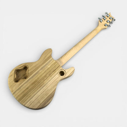 Rear and side profile of assembled ash burl veneer double cut guitar showing maple neck