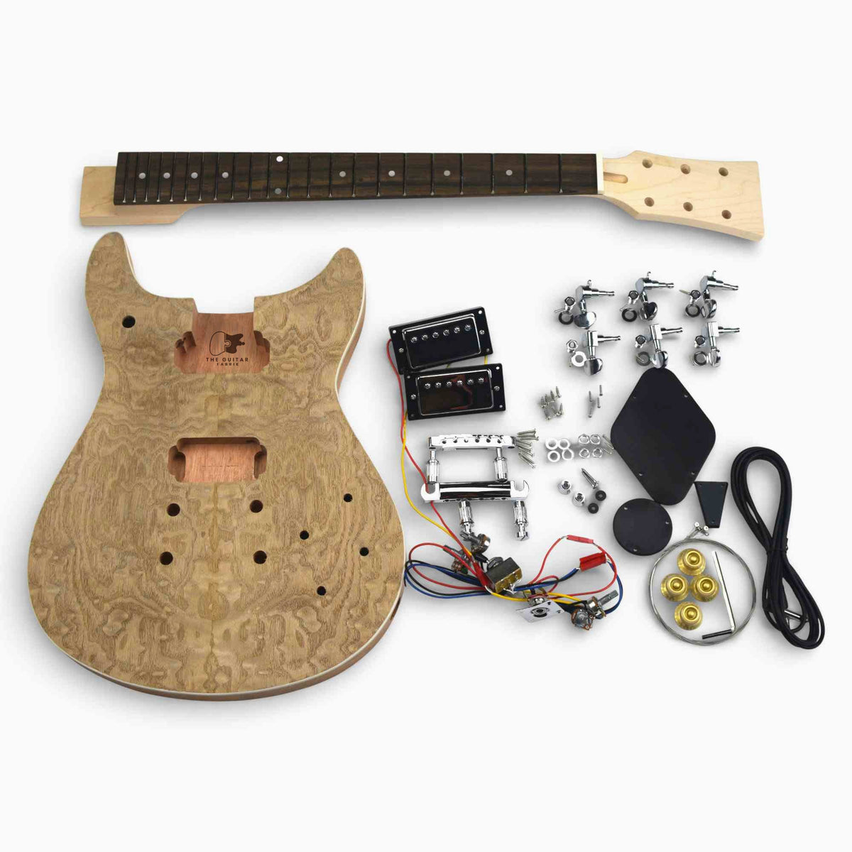 Double cut ash burl veneer guitar kit with all components laid flat including body, neck, electronics, and hardware