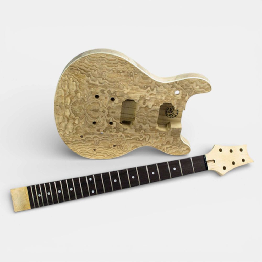 Ash burl veneer double cut body and maple neck with rosewood fretboard displayed separately