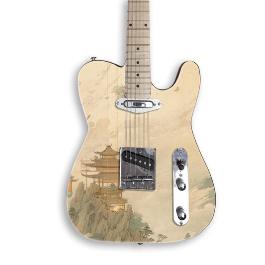 Skin per chitarra Pagoda al plenilunio su una chitarra nera stile Tele