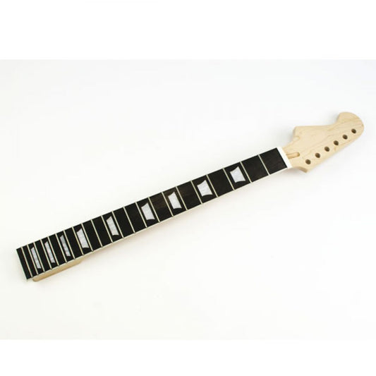 Firebird guitar neck with ebony fretboard, white trapeze inlays, and Firebird headstock, front view