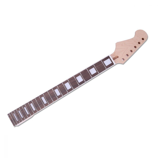 Firebird-style guitar neck with rosewood fretboard, white trapeze inlays, and maple headstock in three-quarter view