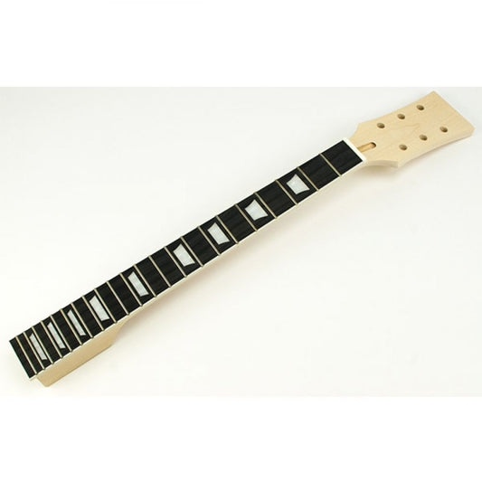 LP maple and rosewood guitar neck displayed at angle showing full length with trapeze inlays and headstock