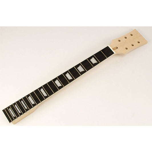Guitar Neck LP maple with ebony fretboard, angled view showing white pearloid trapeze inlays along 22 frets