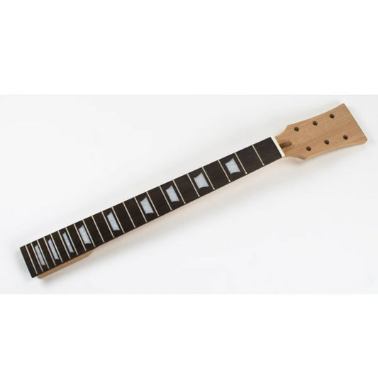 SG-style guitar neck angled front view showing maple body, rosewood fretboard with white trapezoid inlays, and SG headstock