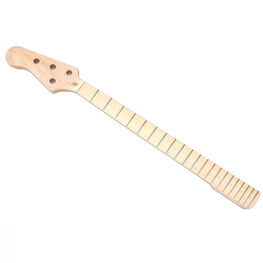 Left handed bass neck with maple headstock, 21 frets and white dot inlays viewed from front