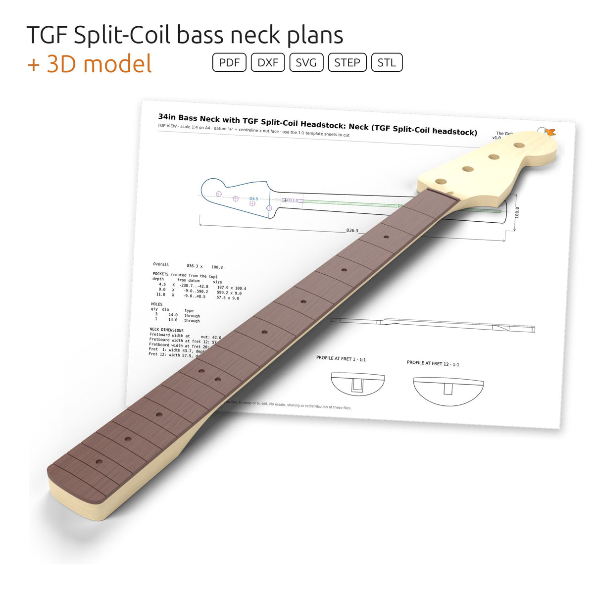 3D model of a 34 inch bolt-on neck with the TGF Split-Coil headstock in front of its dimensioned plan