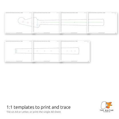 1:1 neck and fretboard templates tiled on printed sheets