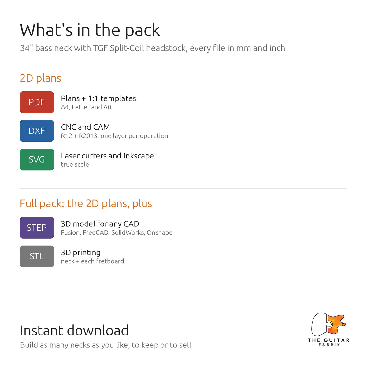 Files in the 2D plans and the full pack: PDF, DXF, SVG, STEP and STL