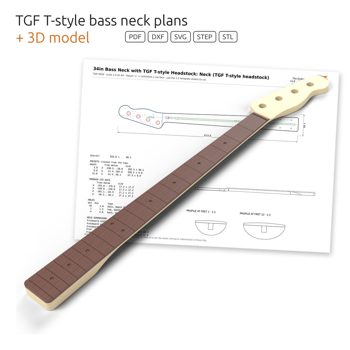 3D model of a 34 inch bolt-on neck with the TGF T-Style headstock in front of its dimensioned plan