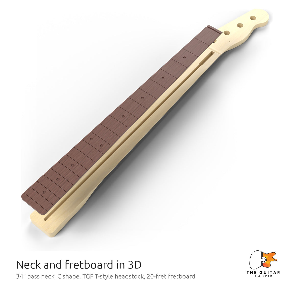 34 inch neck with TGF T-Style headstock and its fretboard, exploded 3D view
