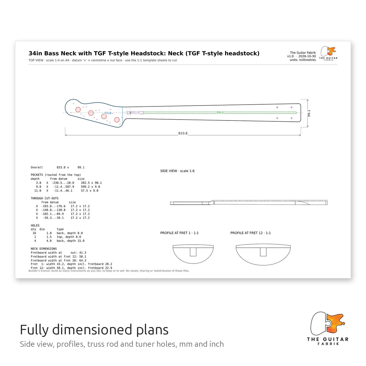 Dimensioned neck drawing with side view and profiles, TGF T-Style headstock