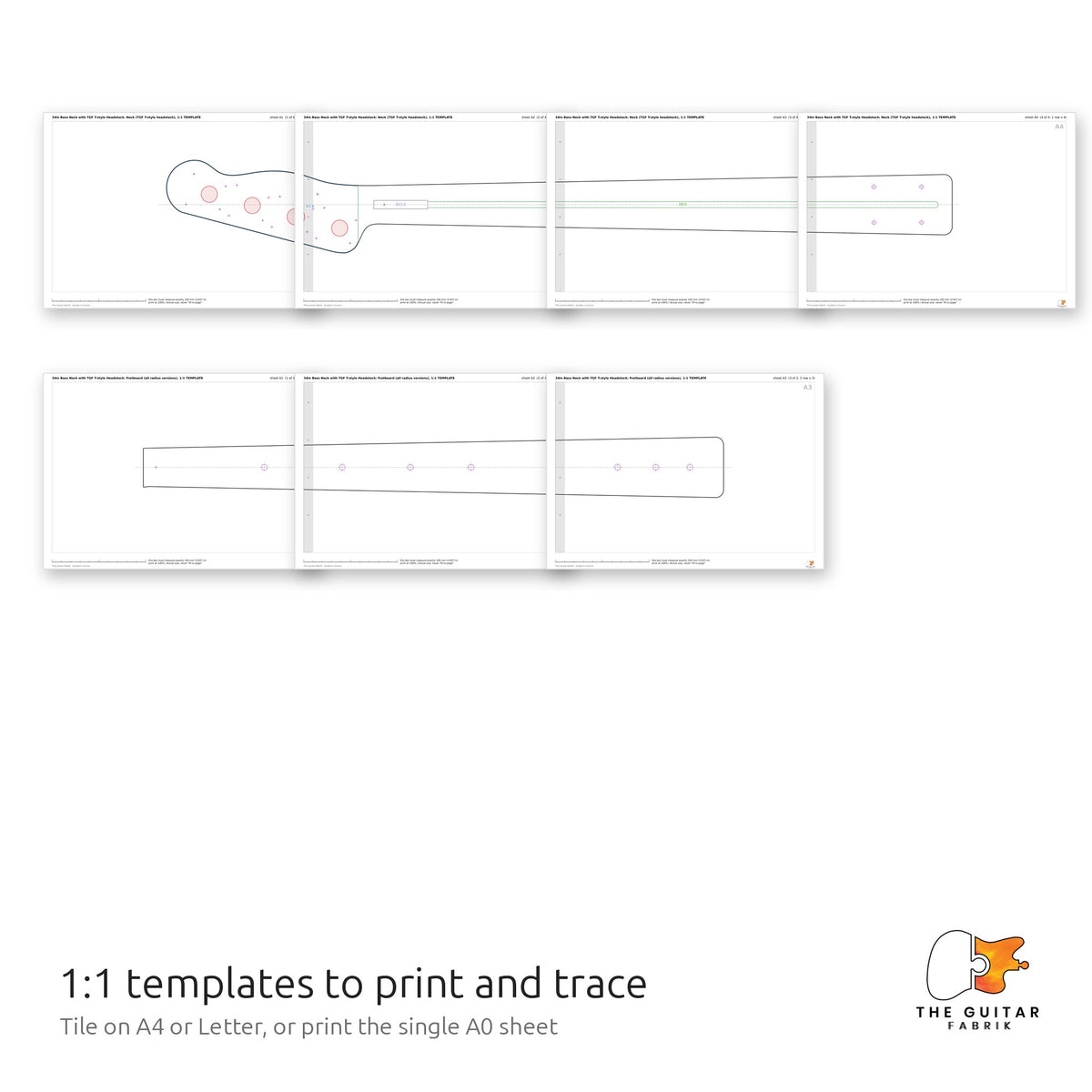 1:1 neck and fretboard templates tiled on printed sheets