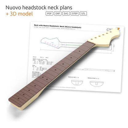 3D model of a bolt-on neck with the Nuovo headstock in front of its dimensioned plan