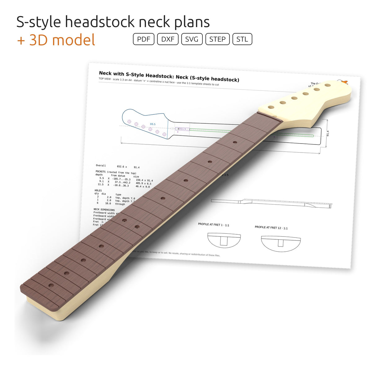 3D model of a bolt-on neck with the S-Style headstock in front of its dimensioned plan