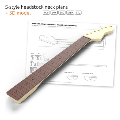 3D model of a bolt-on neck with the S-Style headstock in front of its dimensioned plan