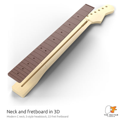 Neck with S-Style headstock and its fretboard, exploded 3D view