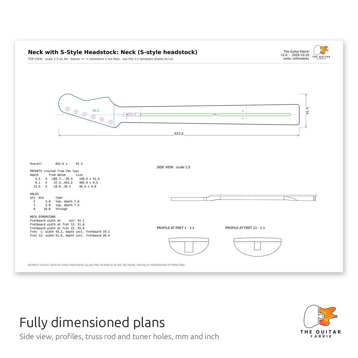 Dimensioned neck drawing with side view and profiles, S-Style headstock