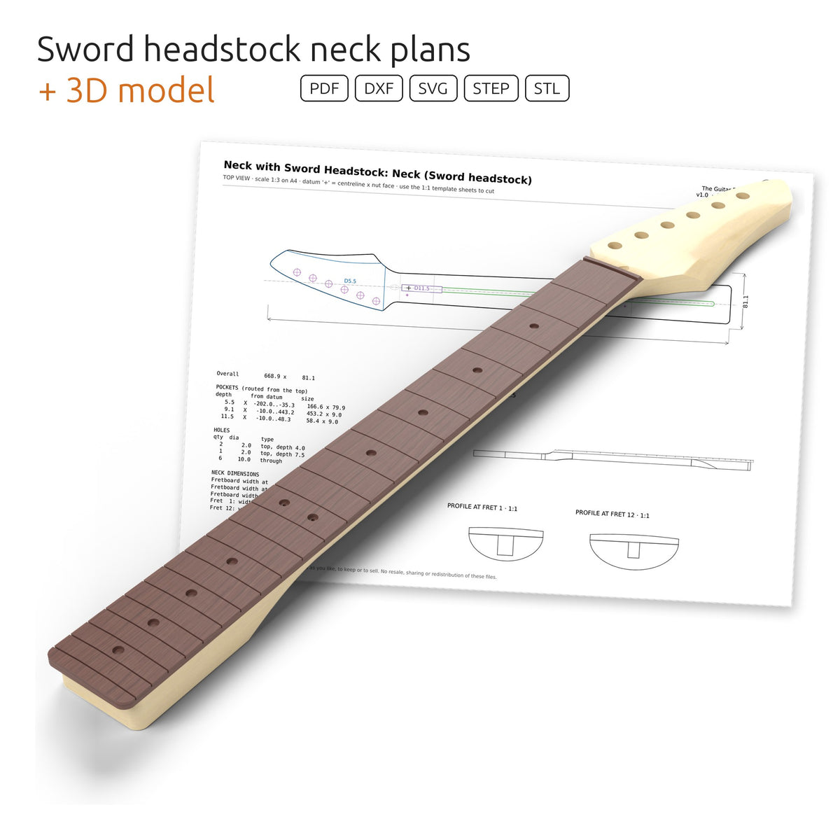 3D model of a bolt-on neck with the Sword headstock in front of its dimensioned plan