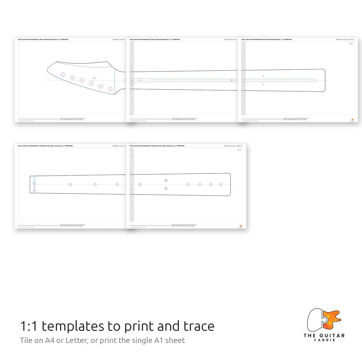 1:1 neck and fretboard templates tiled on printed sheets
