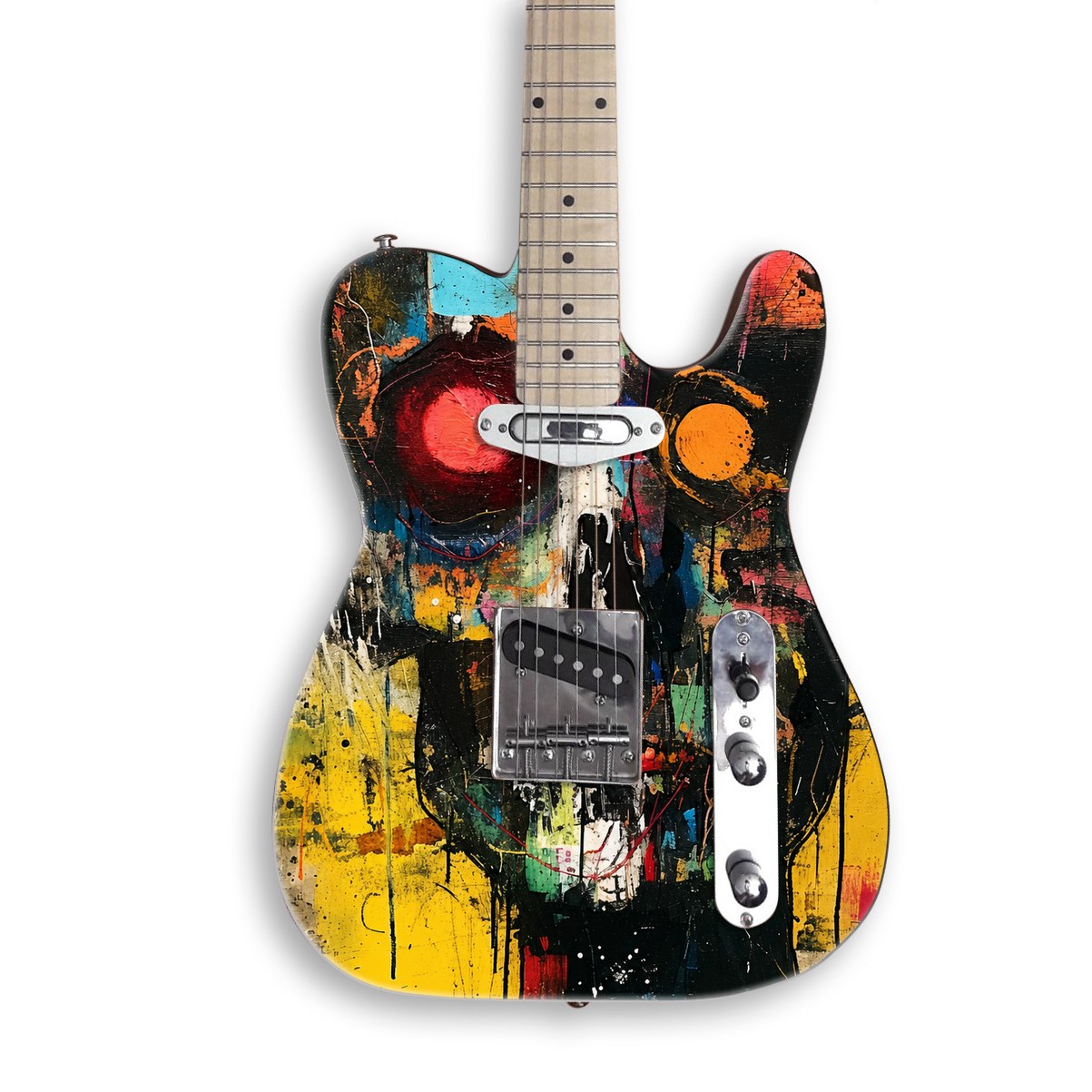 Neon Splatter Skull Guitar Skin | Expressionist Skull Art