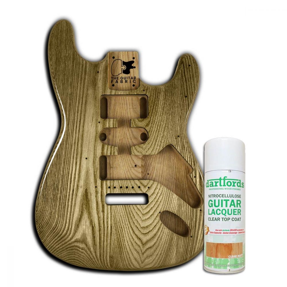 Varnish Matt Nitro Spray displayed next to unfinished guitar body showing wood grain and pickup cavities