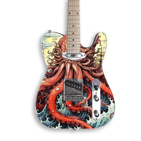 Octopus guitar skin on a black Tele-style guitar