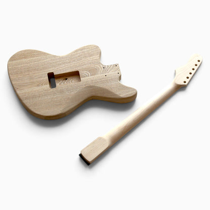 Back of the unfinished maple neck with six inline tuner holes beside the front of the ash body