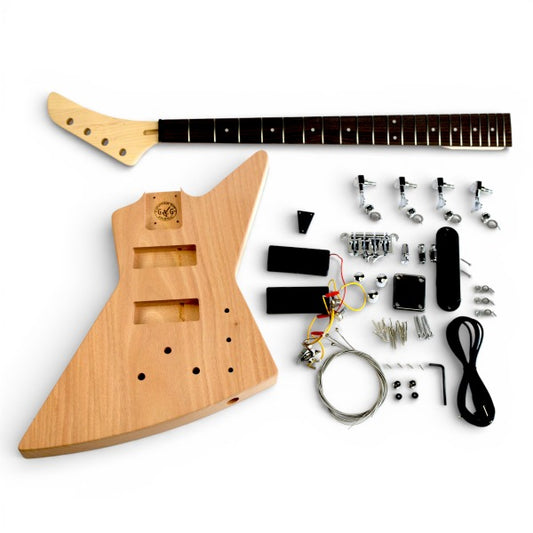 Guitar kit Explorer style with wooden body and neck components on a white background