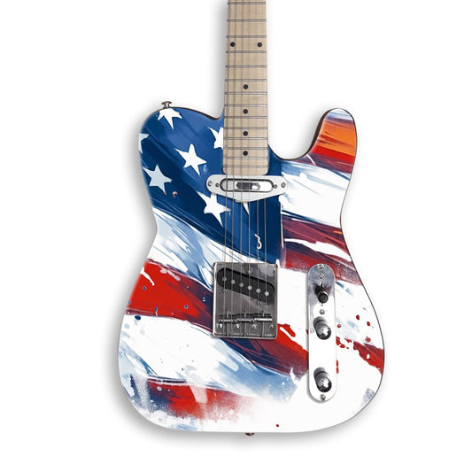 Painted Stars and Stripes guitar skin on a black Tele-style guitar