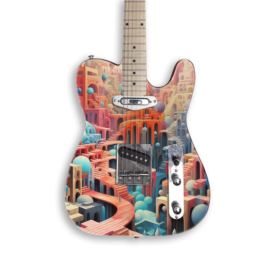 Pastel Dream City guitar skin on a black Tele-style guitar
