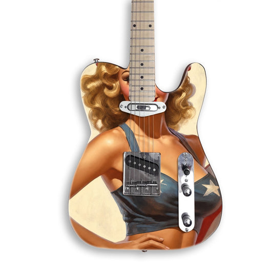 Patriotic Retro Pin-Up guitar skin on a black Tele-style guitar