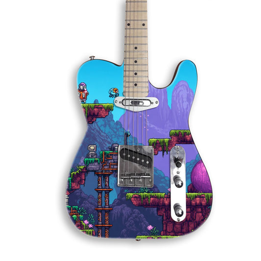 Vinilo para guitarra Ruinas pixeladas en una guitarra negra tipo Tele