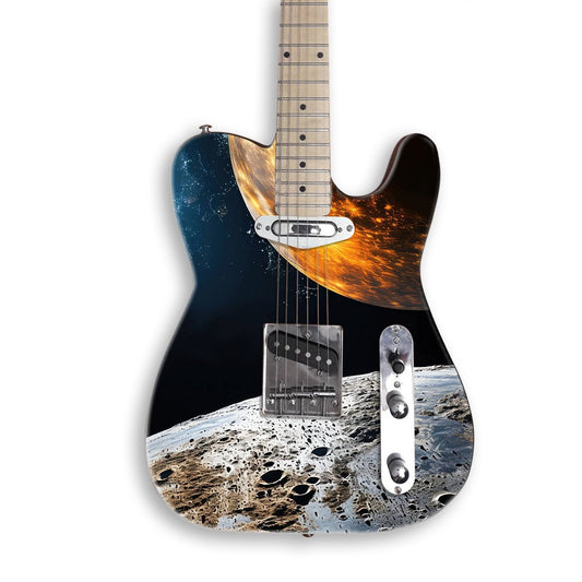 Planet Collision guitar skin on a black Tele-style guitar