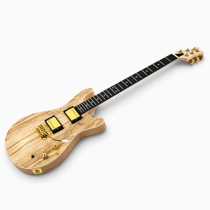 Unfinished guitar assembled from the kit: spalted maple top, two gold humbuckers, gold tremolo bridge and ebony fretboard with dot inlays