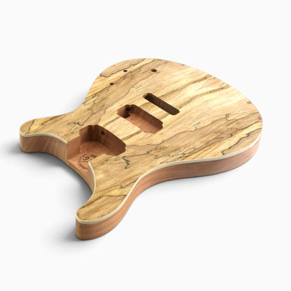Side view of the body showing the spalted maple veneer over the solid mahogany back and the routed cavities