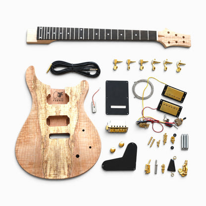 PR guitar kit with spalted maple top and gold hardware, all parts laid flat: unfinished body, maple neck, ebony fretboard, humbuckers, tremolo