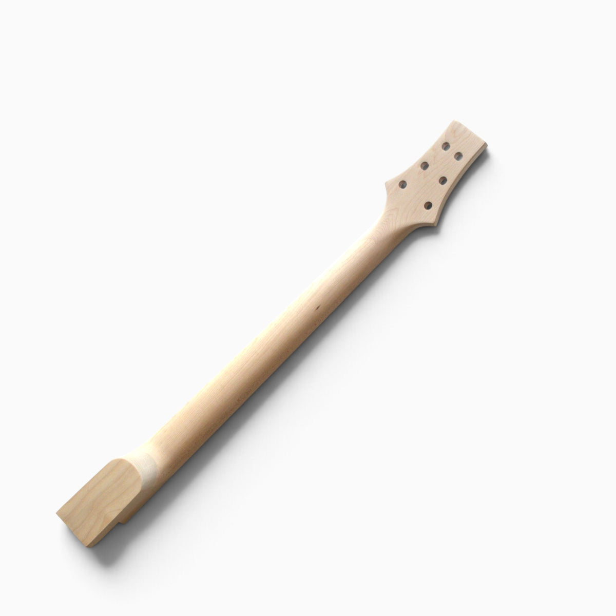 Back of the unfinished maple neck showing the carved profile, heel and six tuner holes