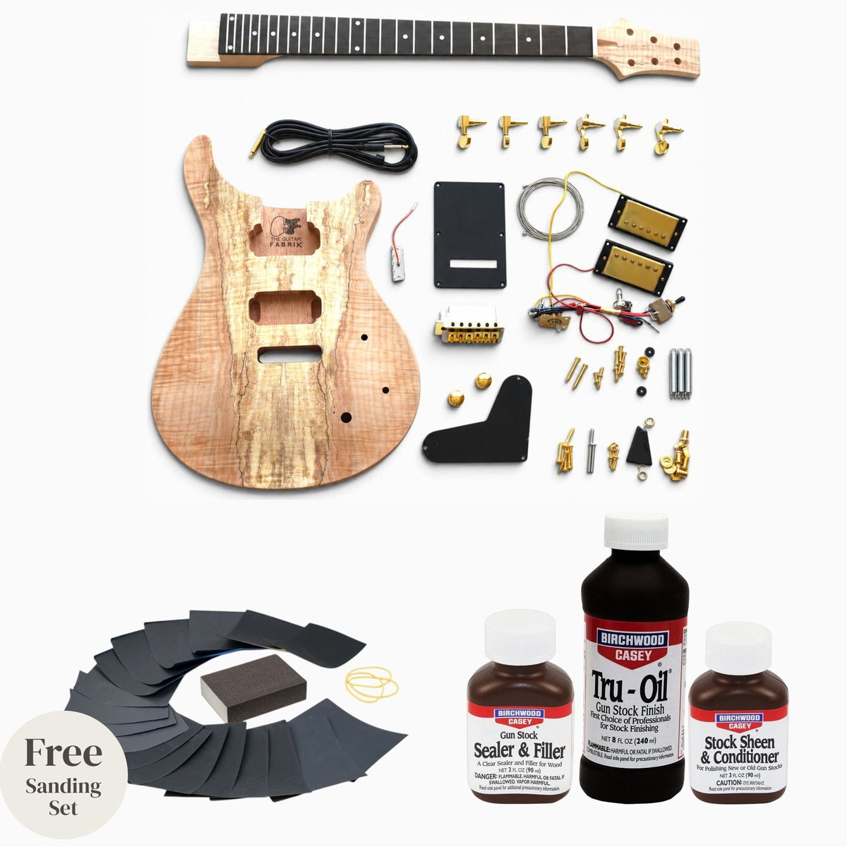 Kit Guitare PR Érable Spalté, Doré avec Tru-Oil : kit à plat avec bouche-pores, finition Tru-Oil, conditionneur et papier de verre offert