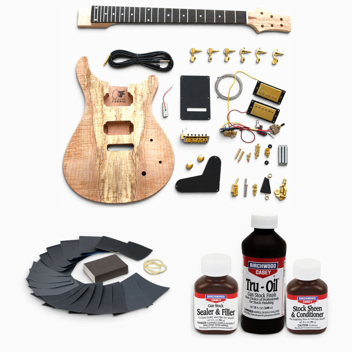 Kit Guitare PR Érable Spalté, Doré et Set Tru-Oil, prêt pour une finition naturelle à l'huile