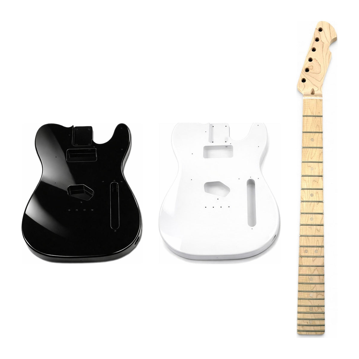 Pre-painted TL-style guitar kit: black gloss and white gloss mahogany bodies with a finished maple neck