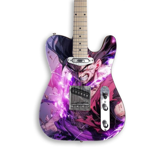 Vinilo para guitarra Furia rayo violeta en una guitarra negra tipo Tele