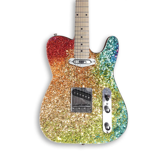 Rainbow Glitter Swirl guitar skin on a black Tele-style guitar