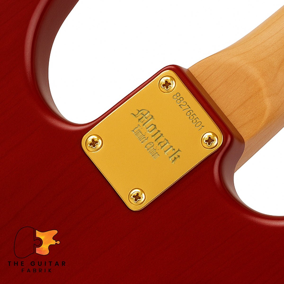 Engraved gold neck plate on the back of a red guitar