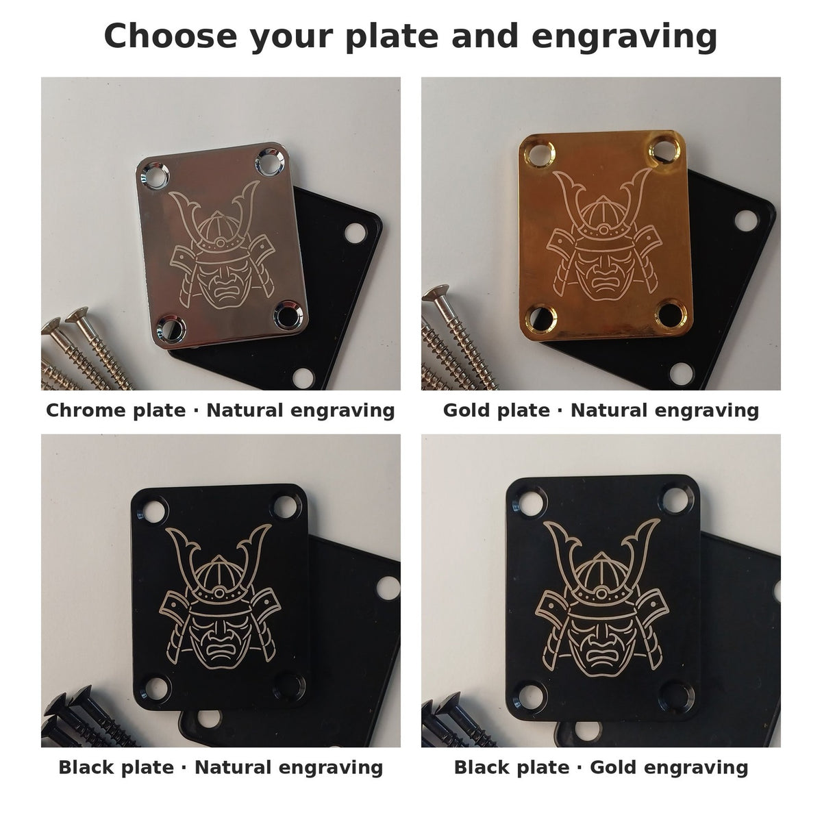 Real engraved neck plates: chrome, gold and black with natural engraving, black with gold engraving