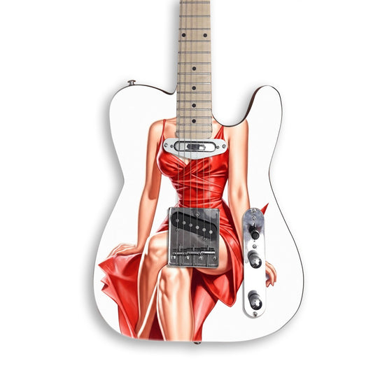 Red Dress Pin-Up guitar skin on a black Tele-style guitar